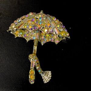 Vintage 50's Gold tone Aurora Borealis Rhinestone Umbrella Brooch